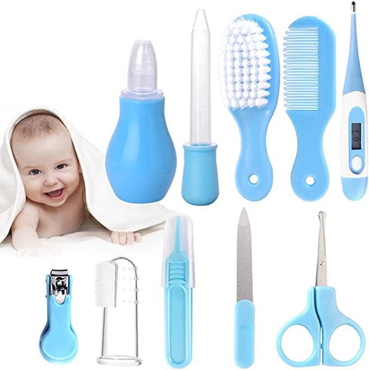 Blue 10-in-1 Baby Grooming and Health Care Kit with Hair Brush, Comb, Nail Clippers, and More