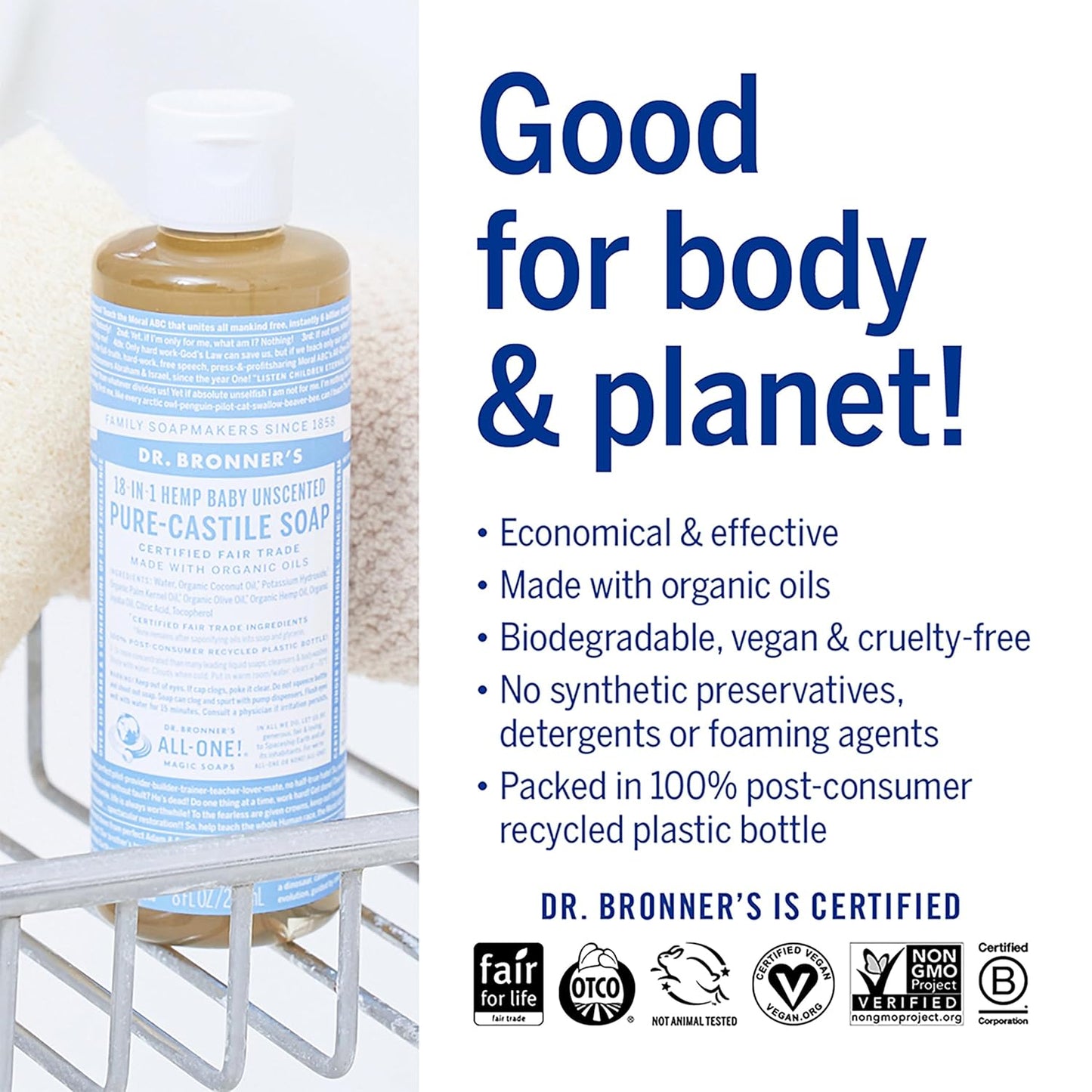 Dr. Bronner's Pure Castile Liquid Soap Baby Unscented, 8 oz.