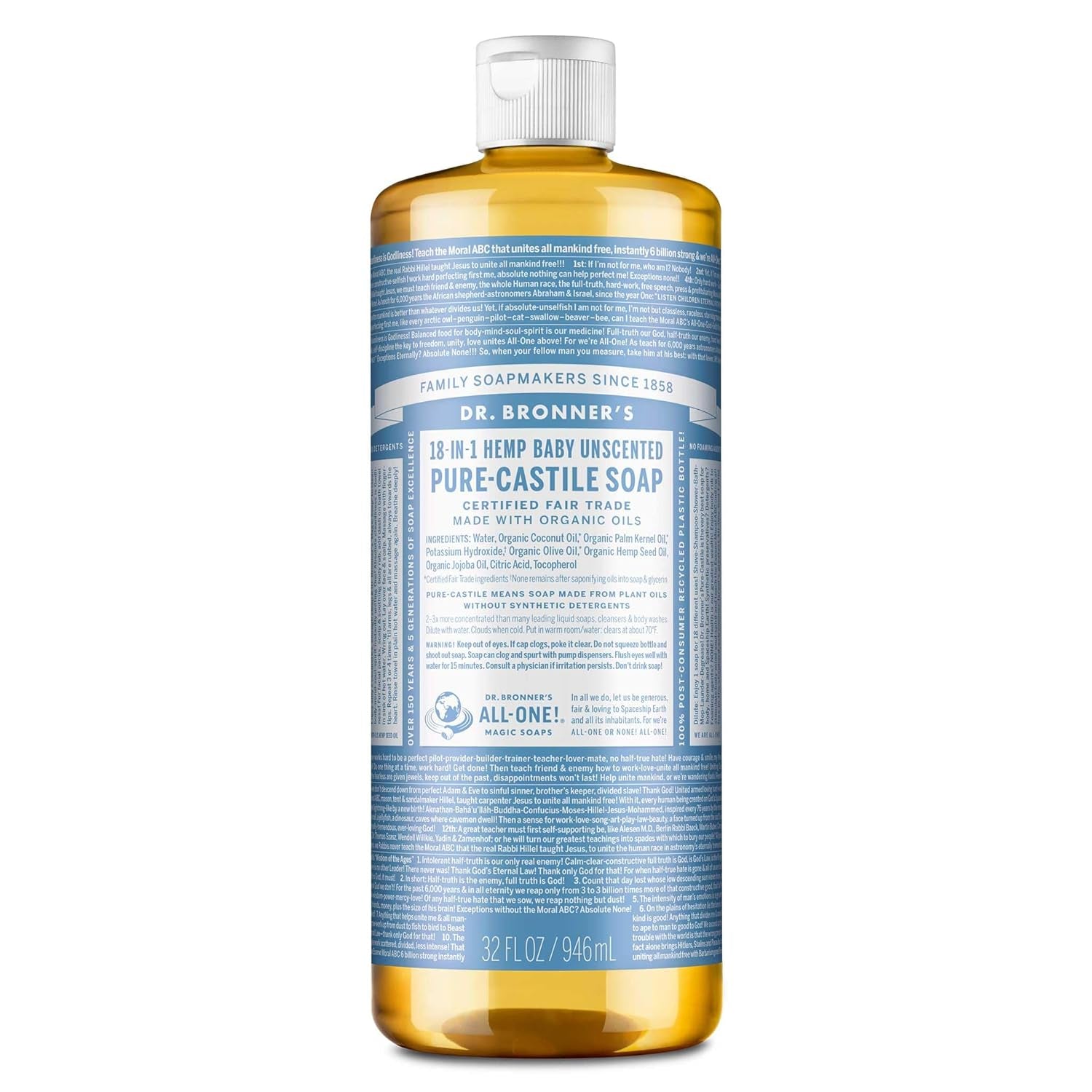 Dr. Bronner's Pure Castile Liquid Soap Baby Unscented, 32 oz.