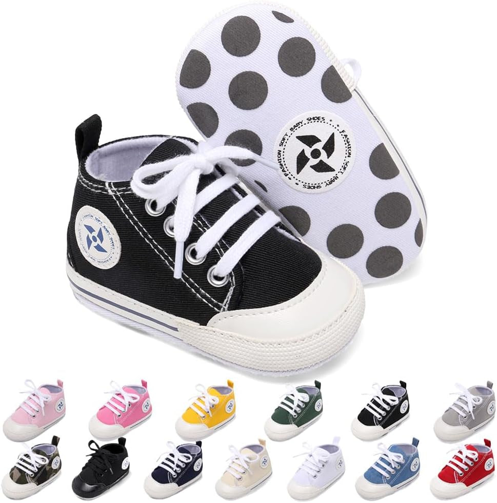 Baby Star Black High Top Canvas Sneakers with Soft Anti-Slip Sole