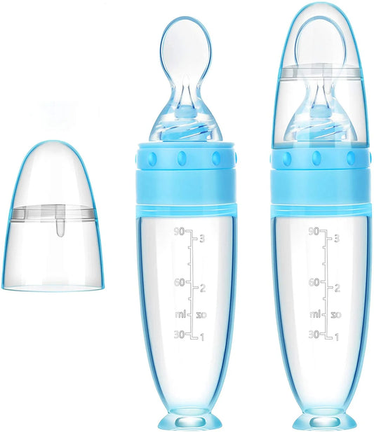 Baby Silicone Squeeze Feeding Bottle Spoon with Cap and Standing Base for Infant or Toddler Feeding, 2 pieces